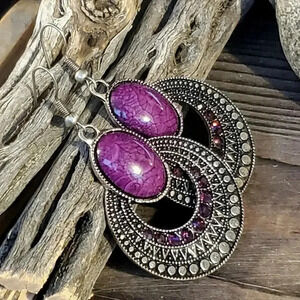 Vintage 90s Lacy Purple Antique Silver Acrylic Crystal Dangle Earrings